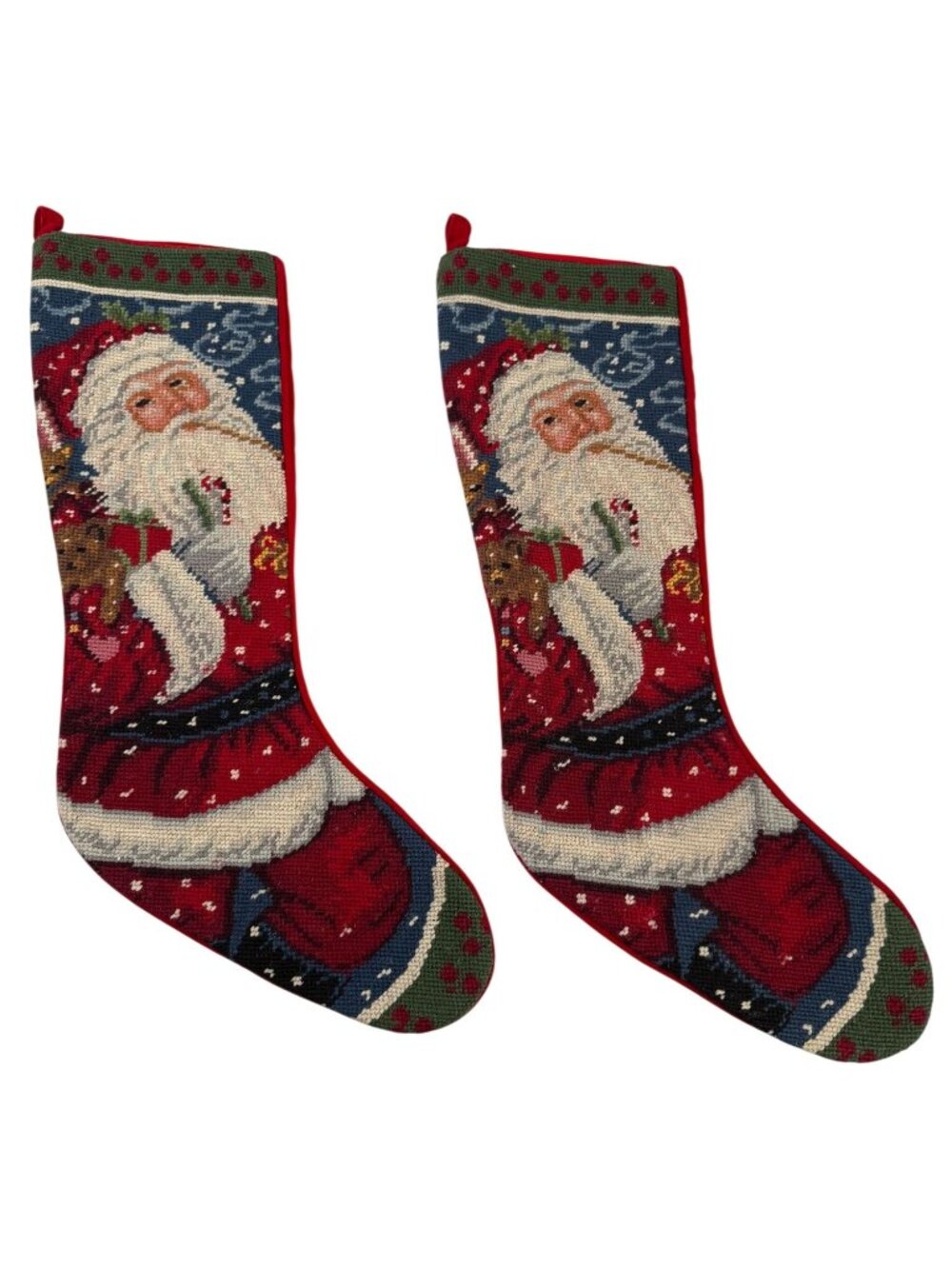 Pair Needlepoint Santa Christmas Stockings Red Backing Holiday Skinny Vintage